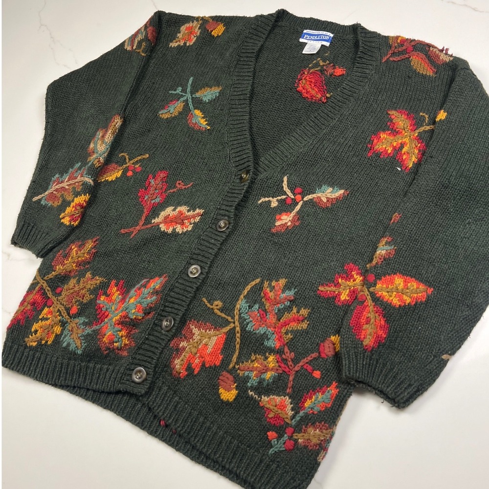 Pendleton Cardigan Petite Women Green Embroidered Fall Leaves Ramie Cotton S